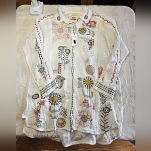 Johnny Was Biya White Embroidered Tunic Style Shirt Womens Sz M